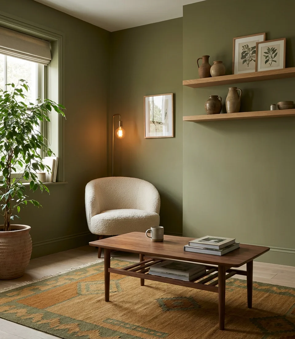 Olive Green Walls With Natural Wood 1