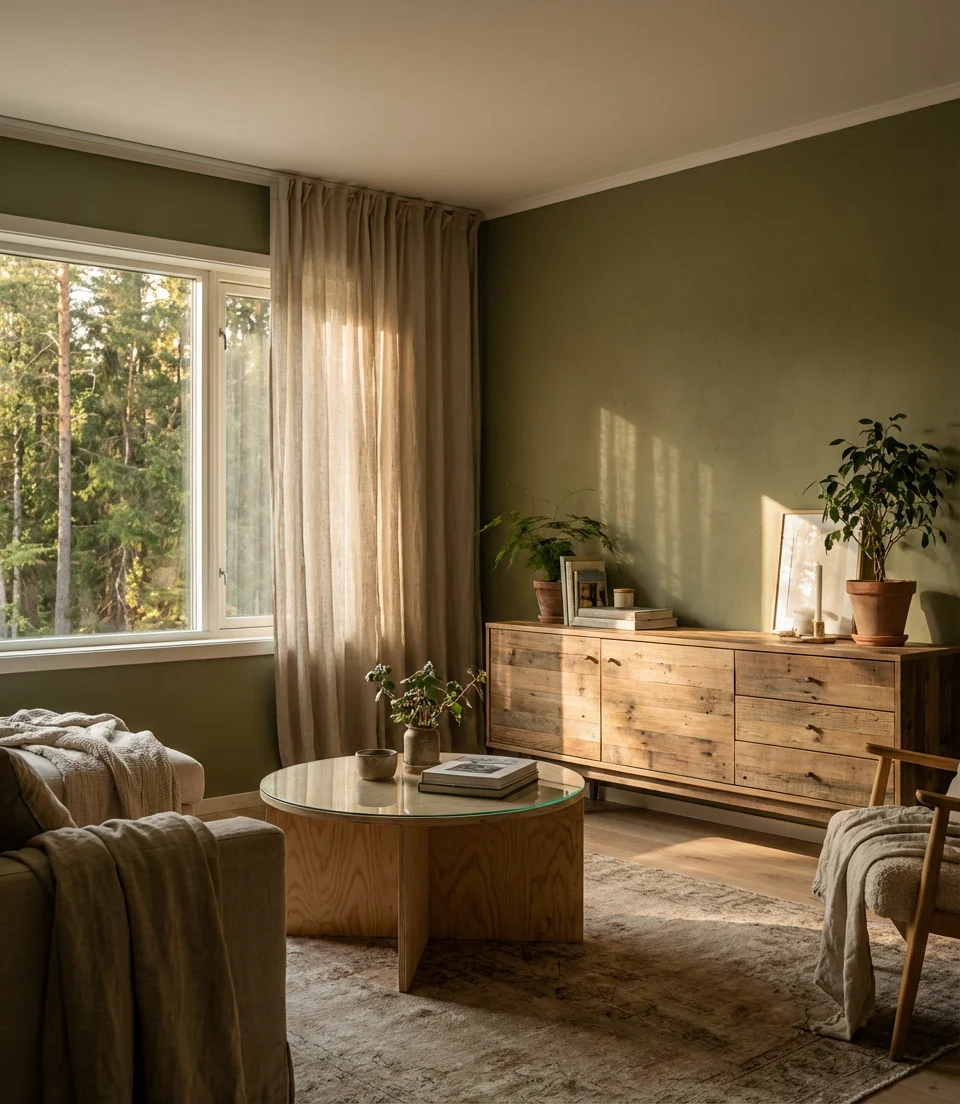Olive Green Walls With Natural Wood 2