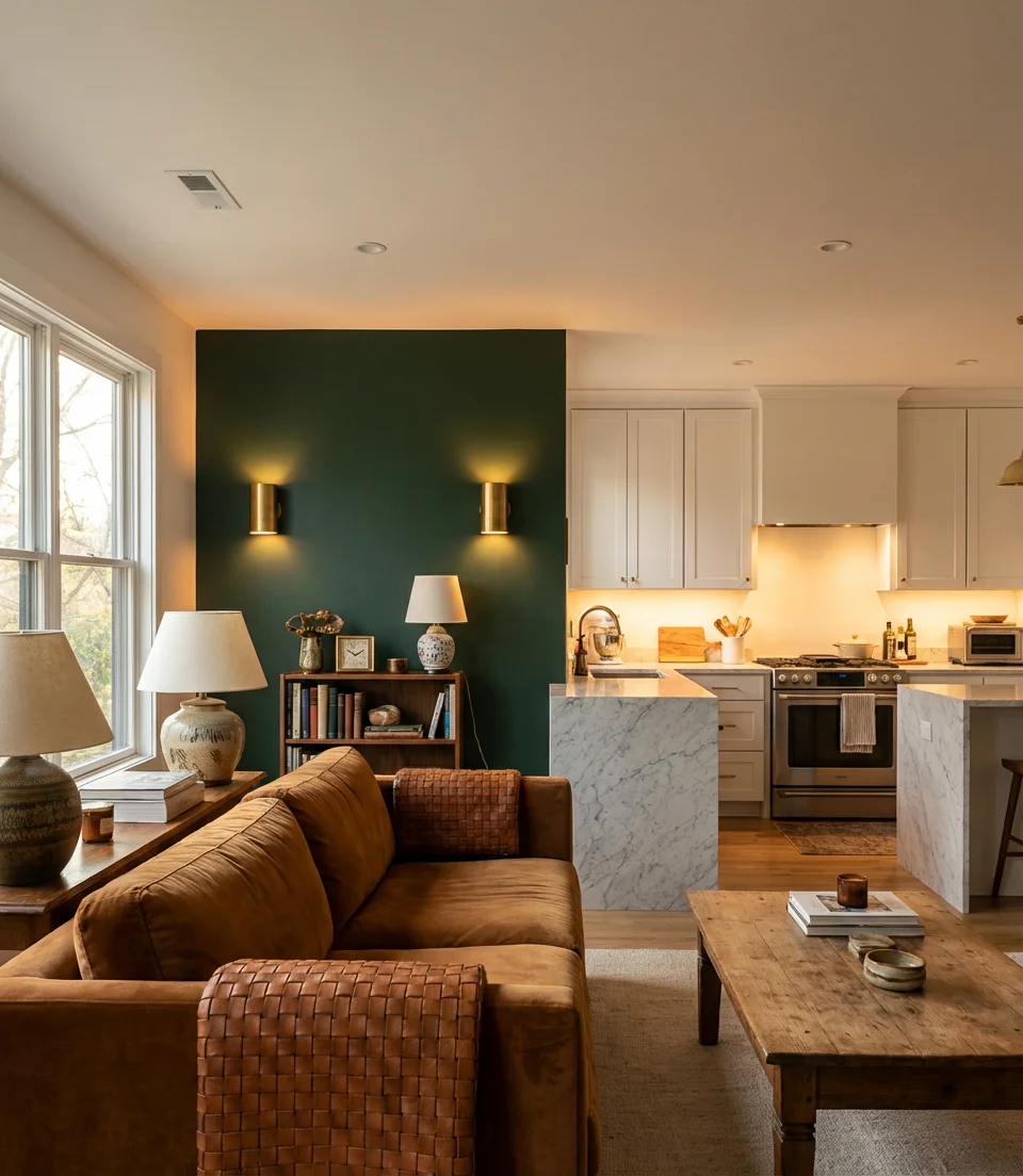 Open Kitchen Living Room with Dark Accent Wall 1