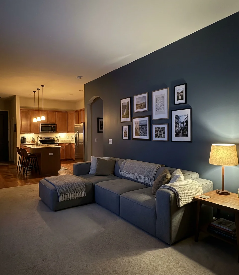 Open Kitchen Living Room with Dark Accent Wall 2