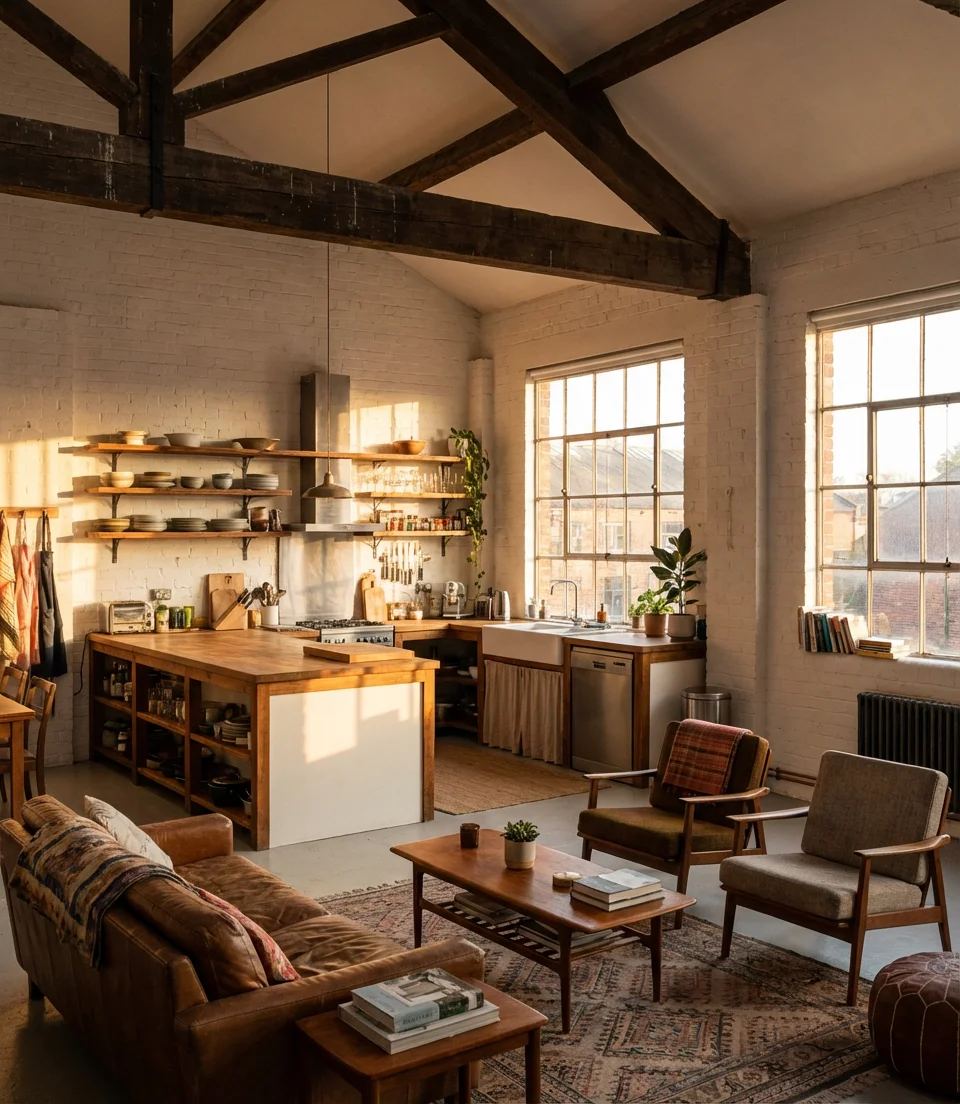 Open Kitchen Living Room with Exposed Brick and Wood Beams 2