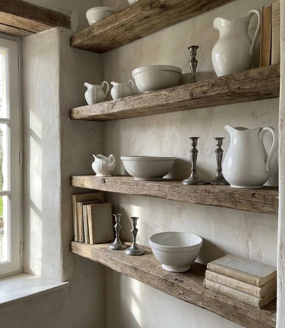 Open Shelving Displaying Ironstone and Pewter 1