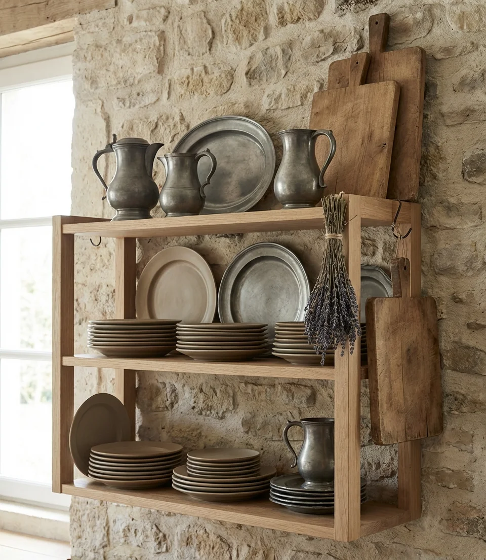 Open Shelving Displaying Ironstone and Pewter 2