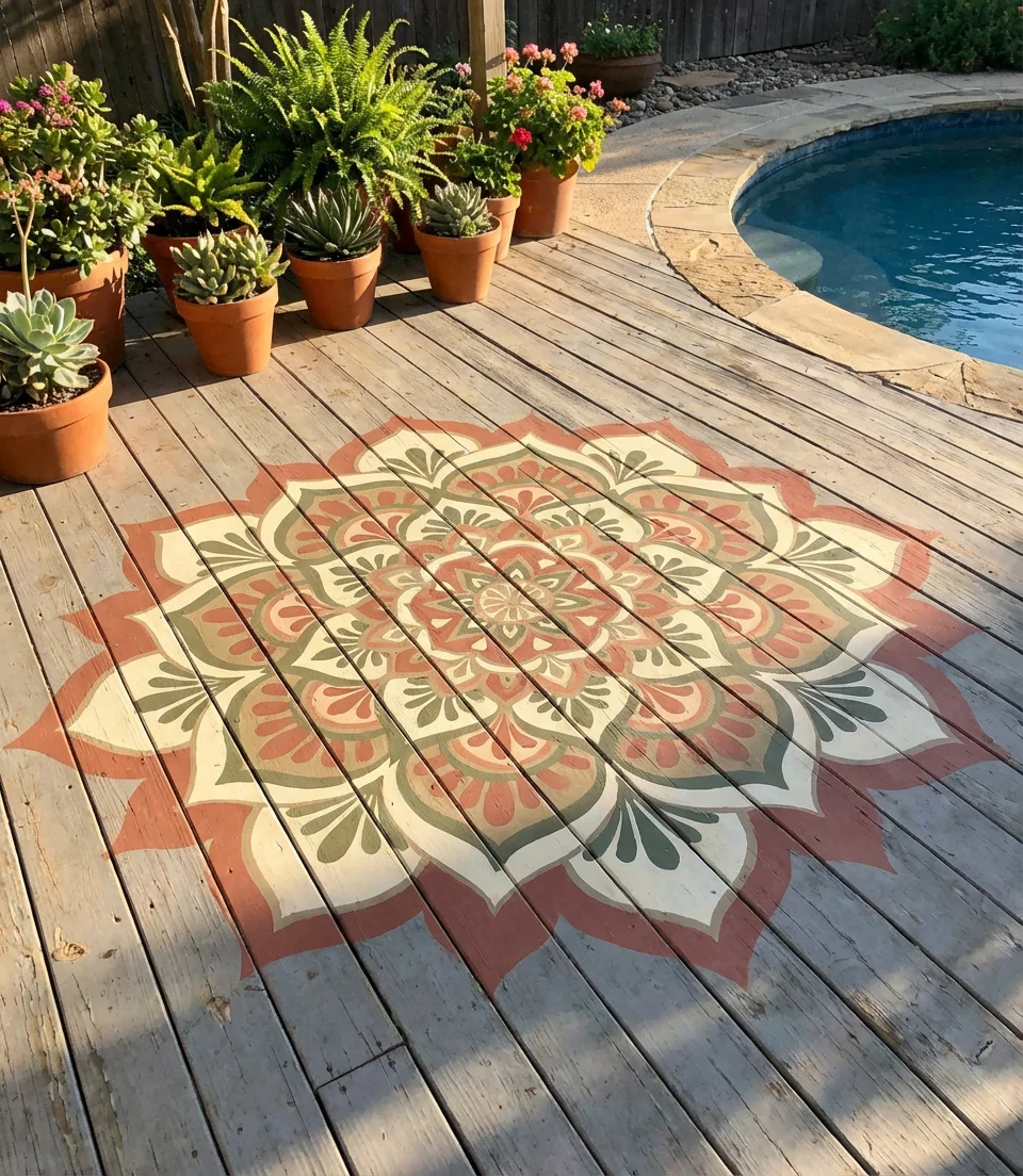 Pool with DIY Painted Deck Mural 2