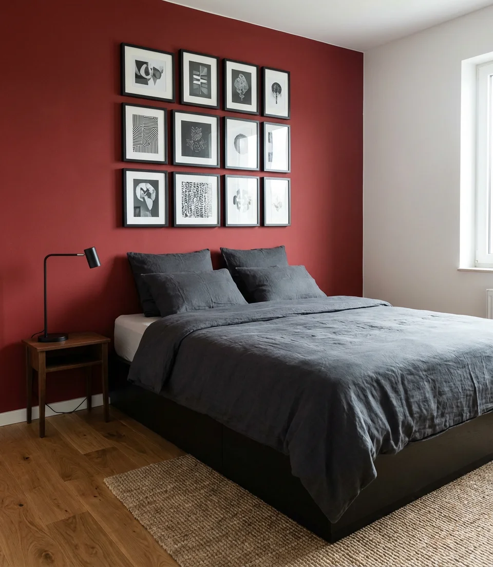 Red Bedroom With Black White Art Gallery Wall 1