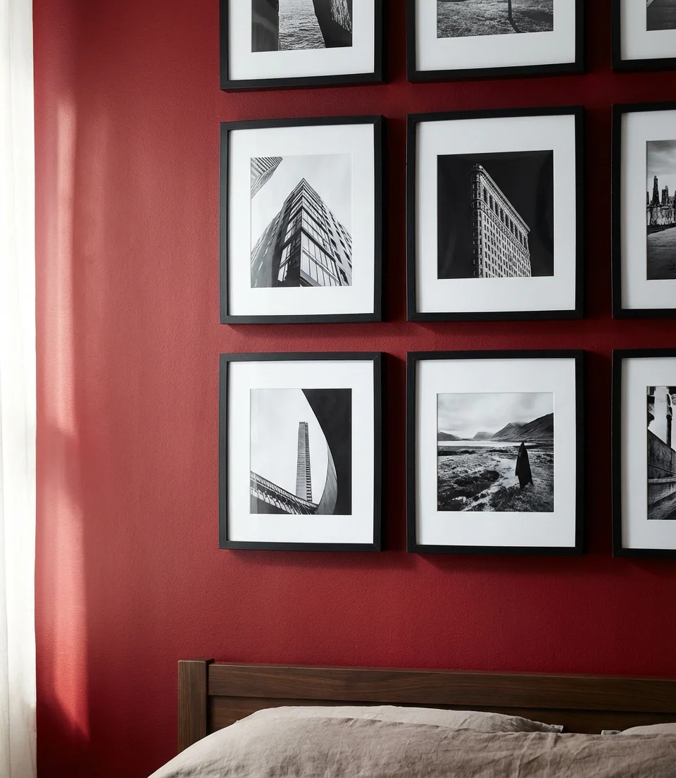 Red Bedroom With Black White Art Gallery Wall 2