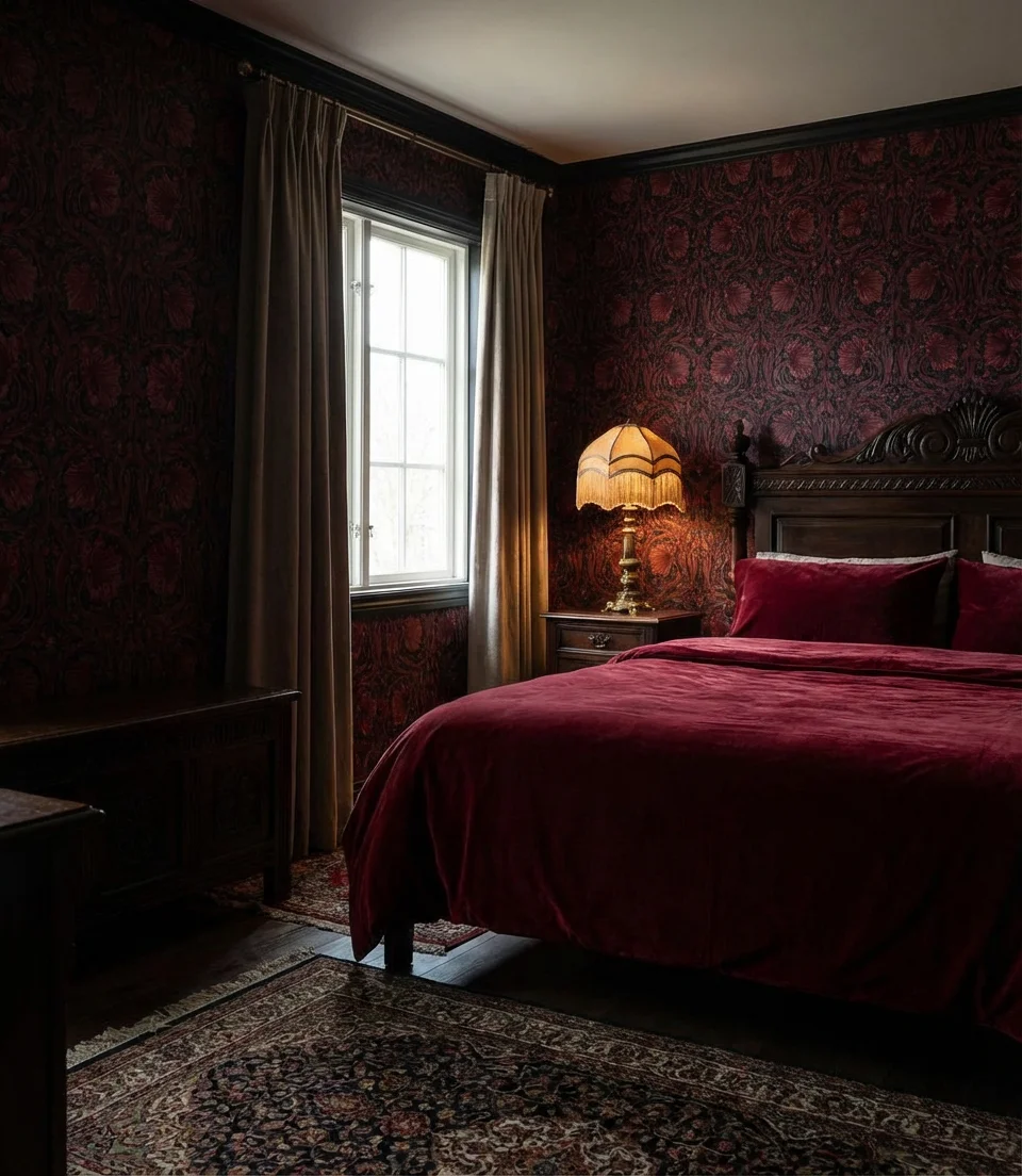 Red Bedroom With Dark Floral Wallpaper 1