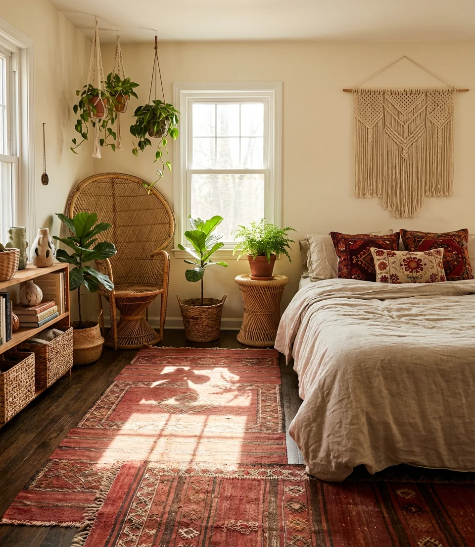 Red Bohemian Bedroom With Global Textiles 1