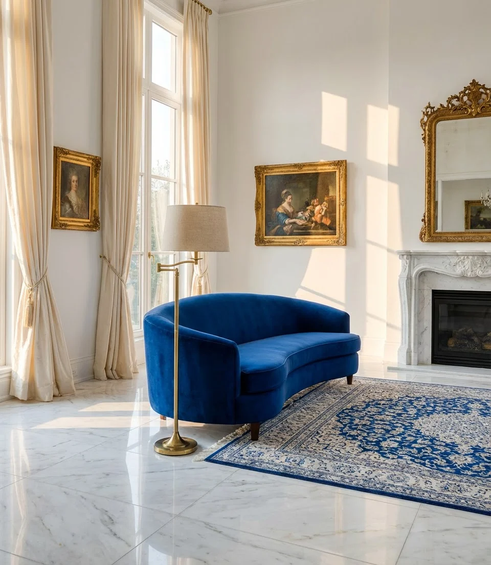 Royal Blue and White Living Room with Gold Accents 1