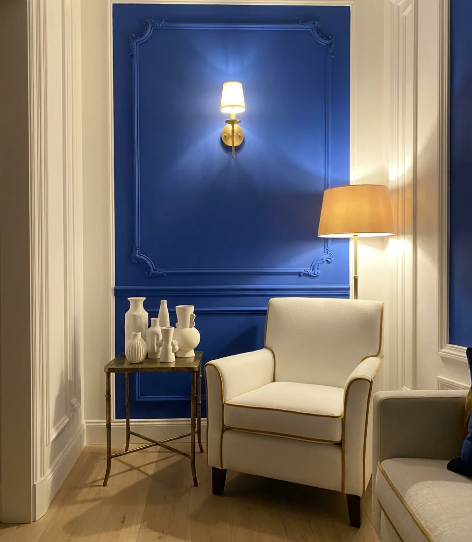 Royal Blue and White Living Room with Gold Accents 2