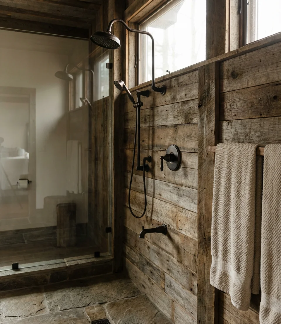 Rustic Barn-Style Shower with Wood Accent Wall 1