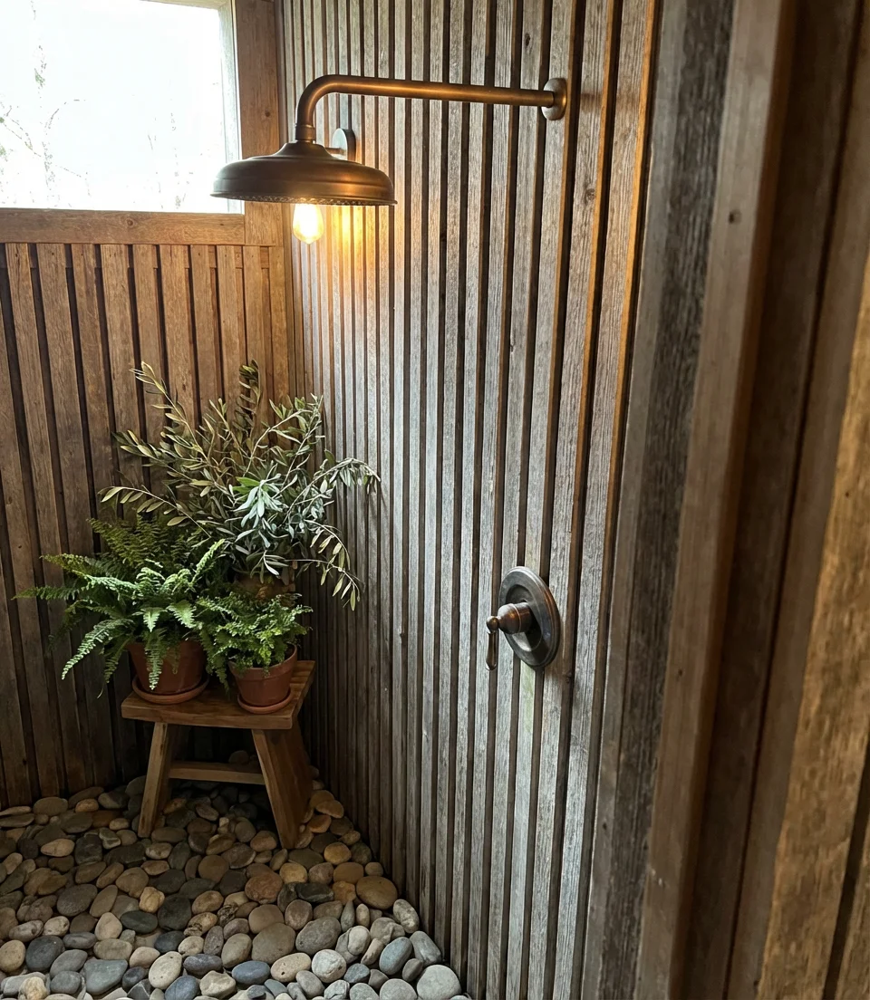 Rustic Barn-Style Shower with Wood Accent Wall 2