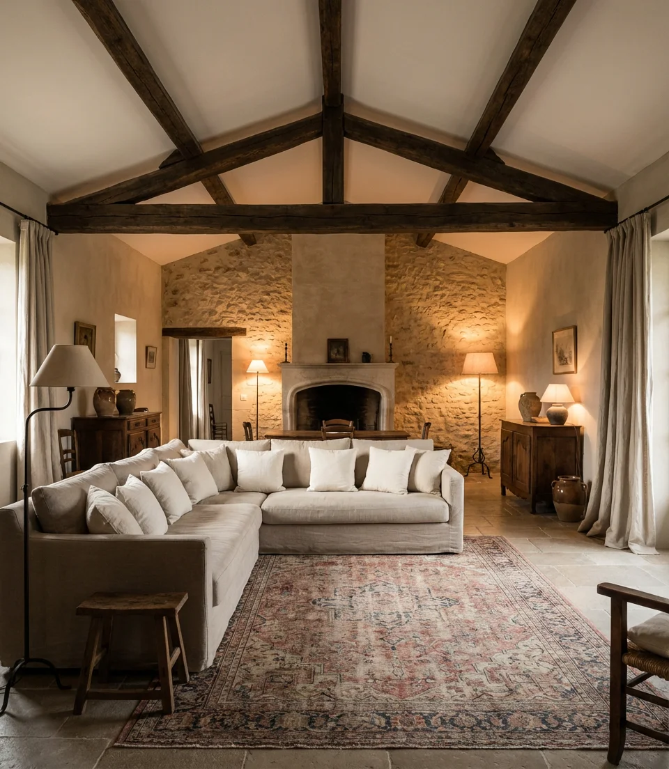 Rustic Beams and Neutral Linen Upholstery 2