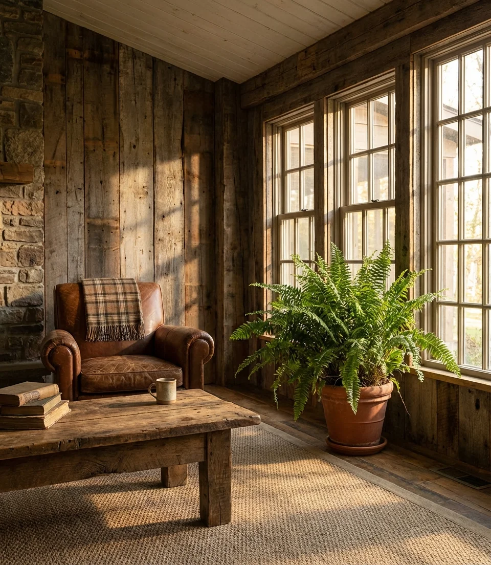 Rustic Cozy Sunroom with Reclaimed Wood and Stone Accents 1