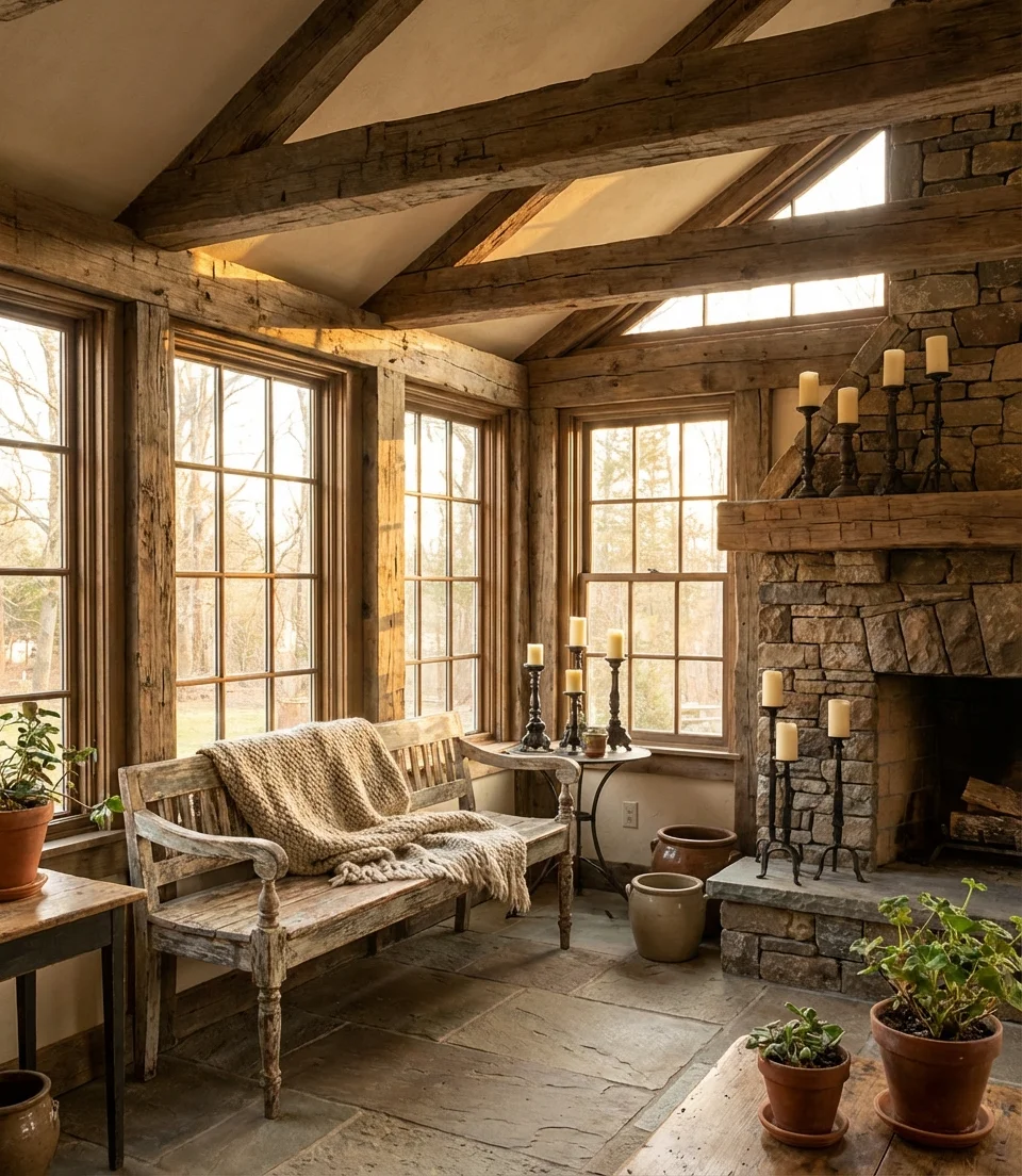 Rustic Cozy Sunroom with Reclaimed Wood and Stone Accents 2