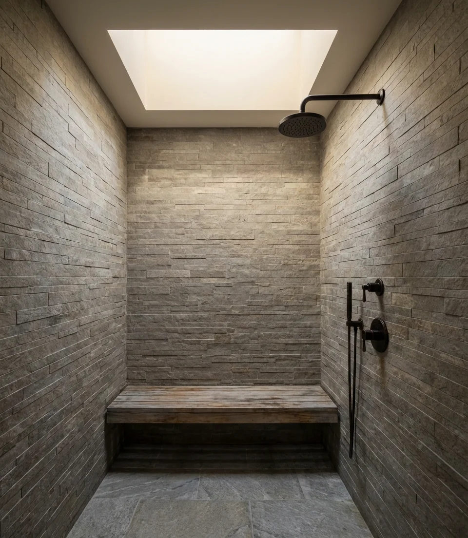 Rustic Stone Tile with Natural Wood Bench 1