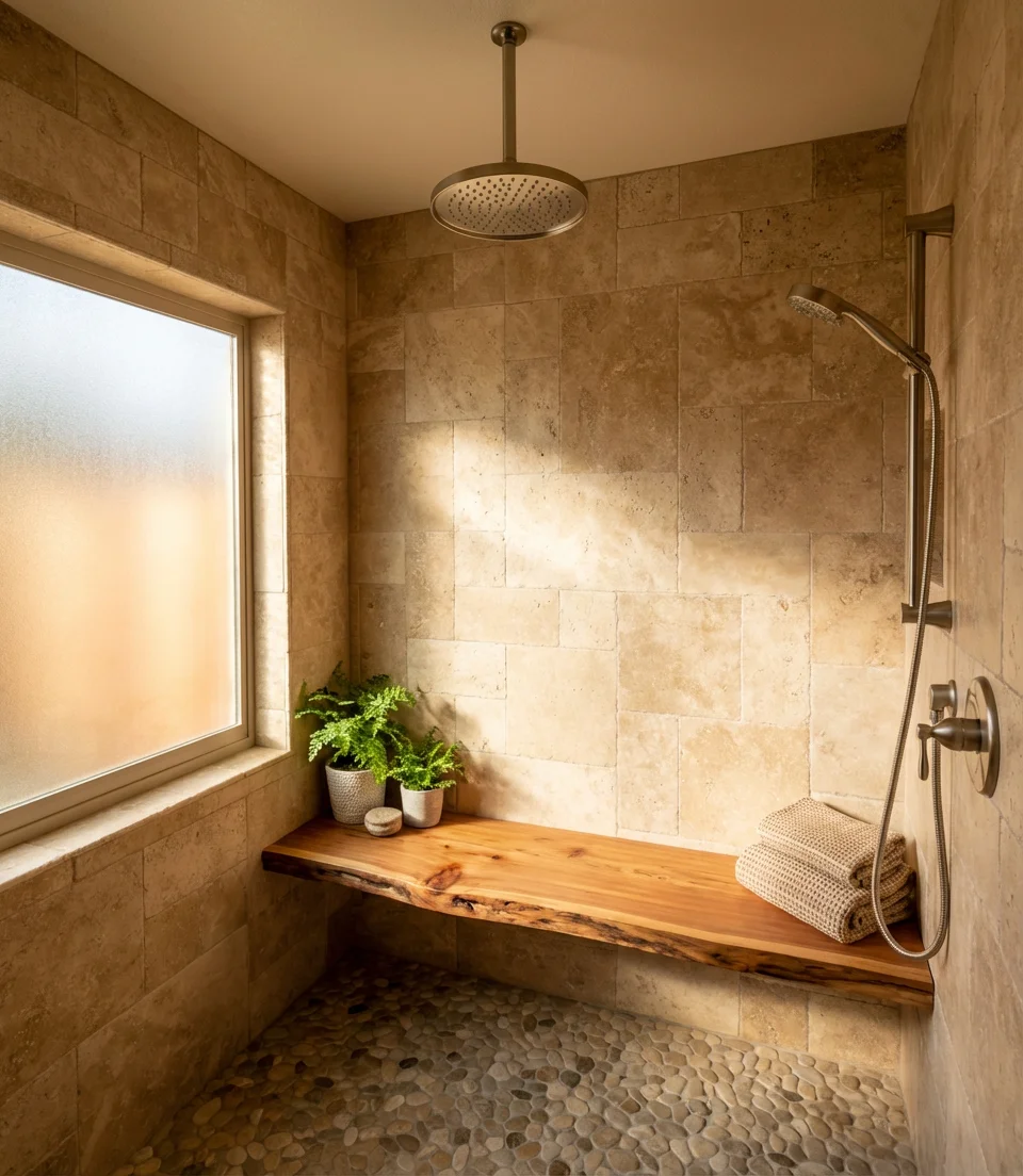 Rustic Stone Tile with Natural Wood Bench 2