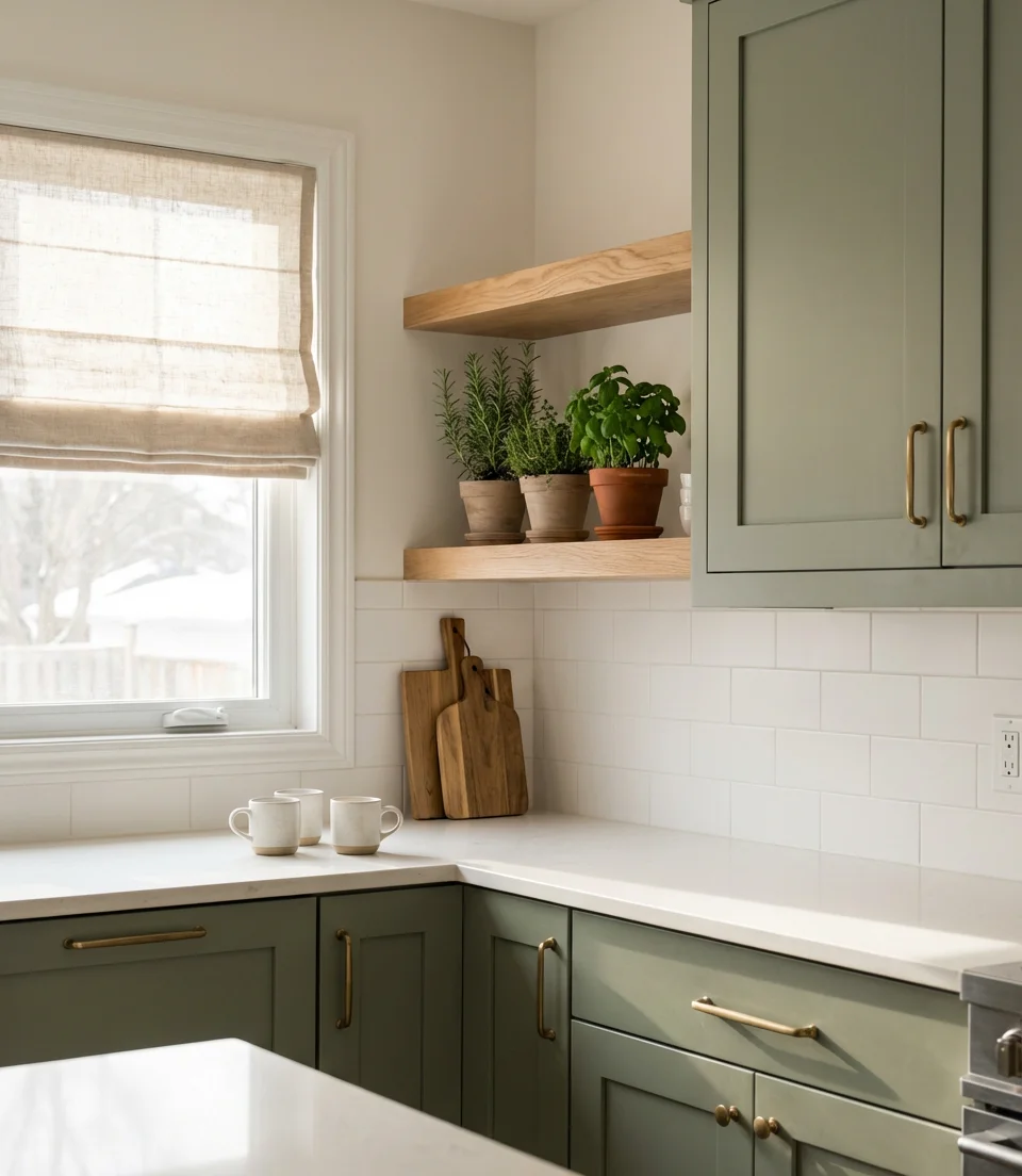 Sage Green Kitchen With Natural Wood Accents 1