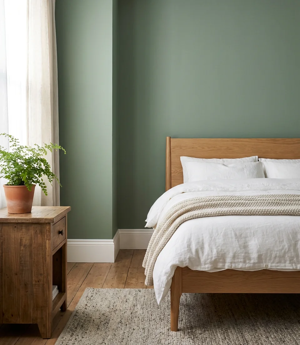 Sage Green Paint with Minimalist White Trim 1