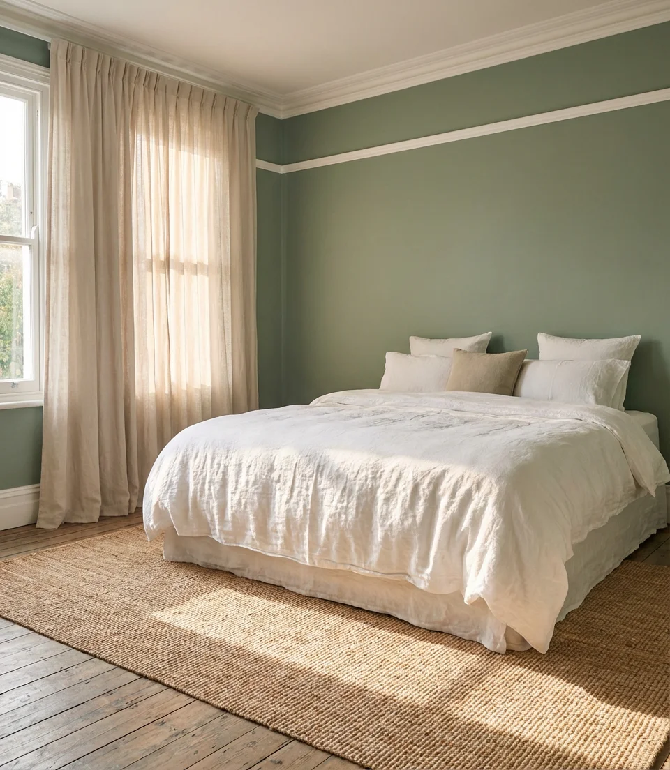 Sage Green Paint with Minimalist White Trim 2