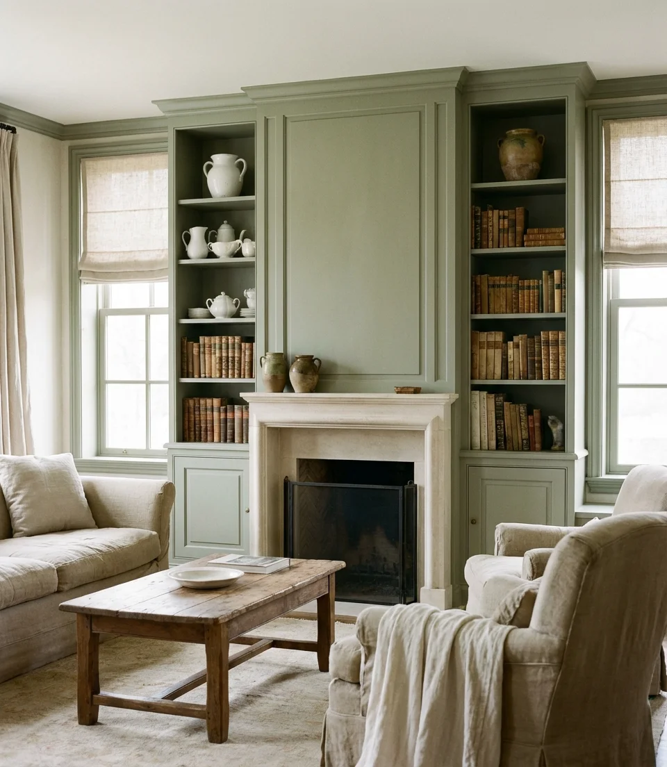 Sage Green Painted Built-Ins with Open Shelving 1