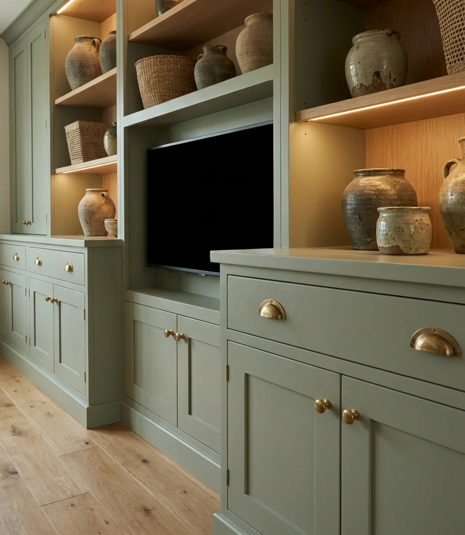 Sage Green Painted Built-Ins with Open Shelving 2