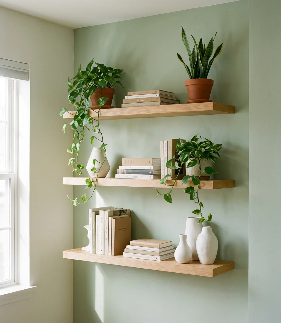 Sage Green with Floating Shelves and Plants 1