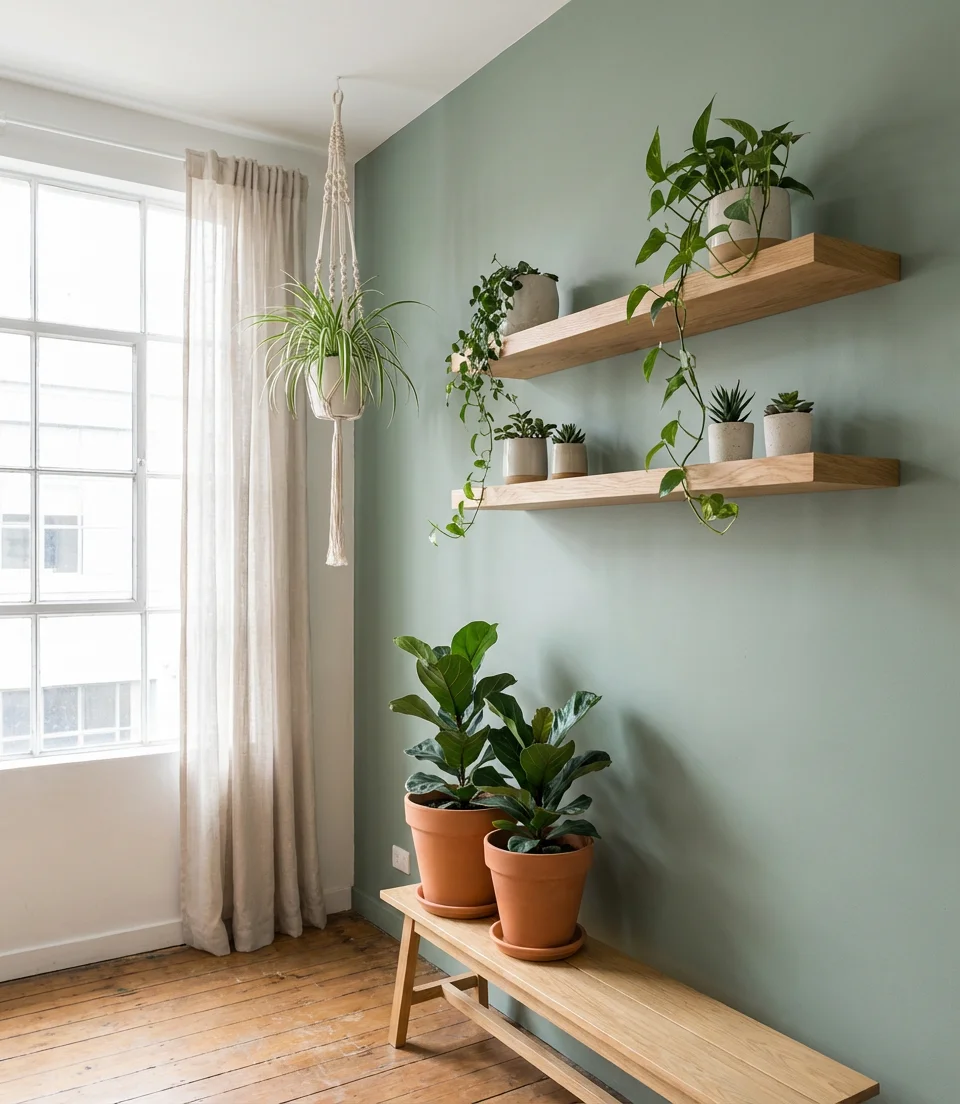 Sage Green with Floating Shelves and Plants 2