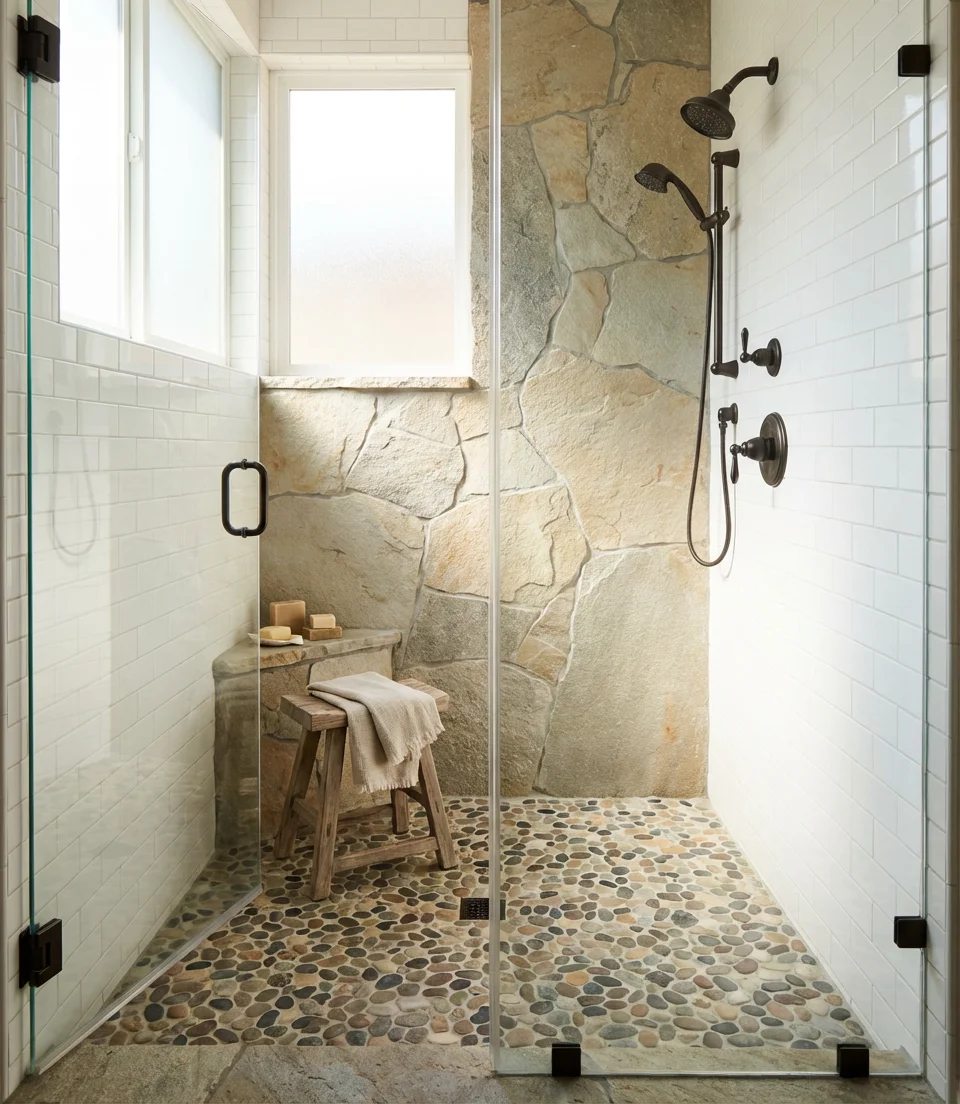 Shower with Pebble Floor and Natural Stone Accent 1