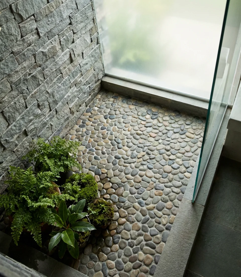 Shower with Pebble Floor and Natural Stone Accent 2