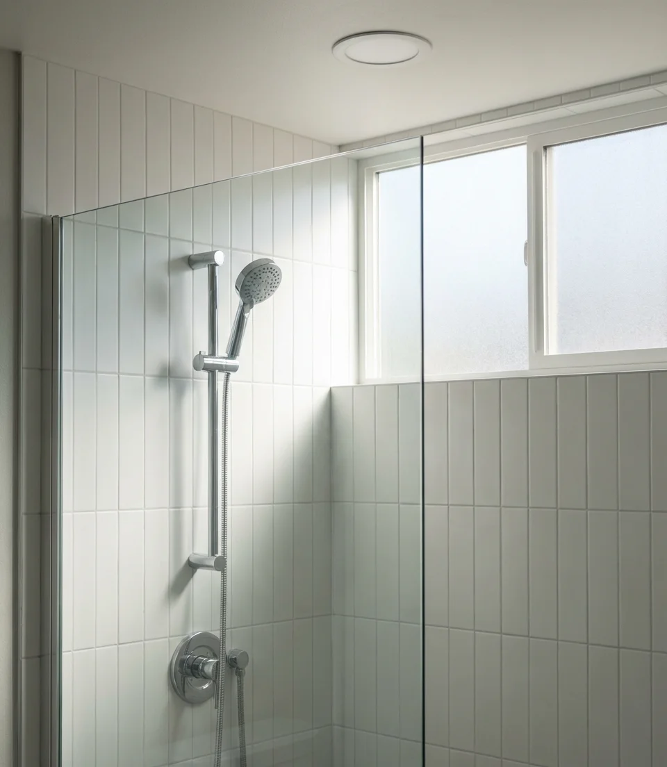 Shower with Vertical Stacked Tile and Handheld Sprayer 1