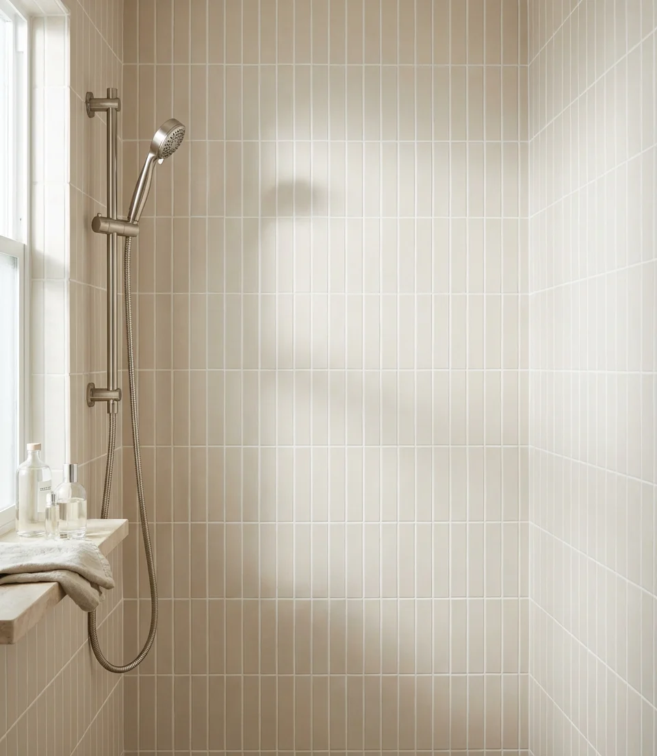Shower with Vertical Stacked Tile and Handheld Sprayer 2