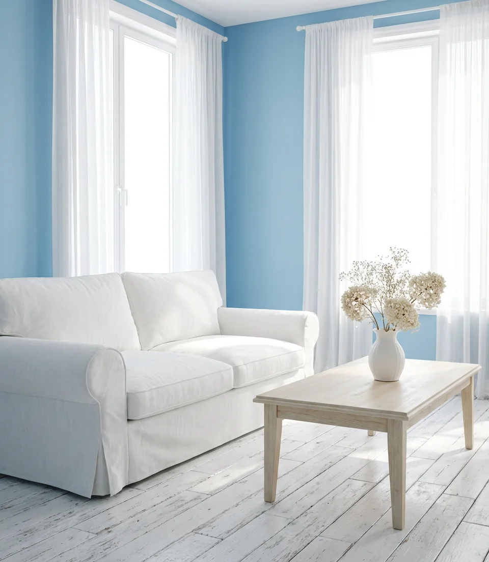 Sky Blue and White Airy Living Room 1