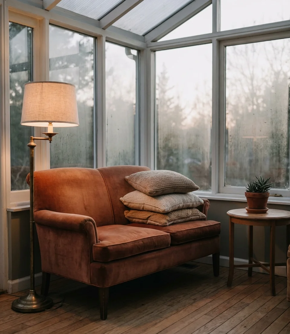 Small Cozy Sunroom with Plush Seating and Warm Lighting 1