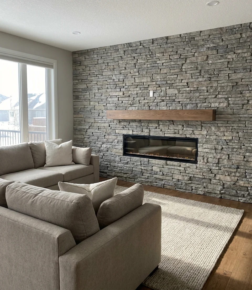 Stacked Stone Behind a Linear Electric Fireplace 1