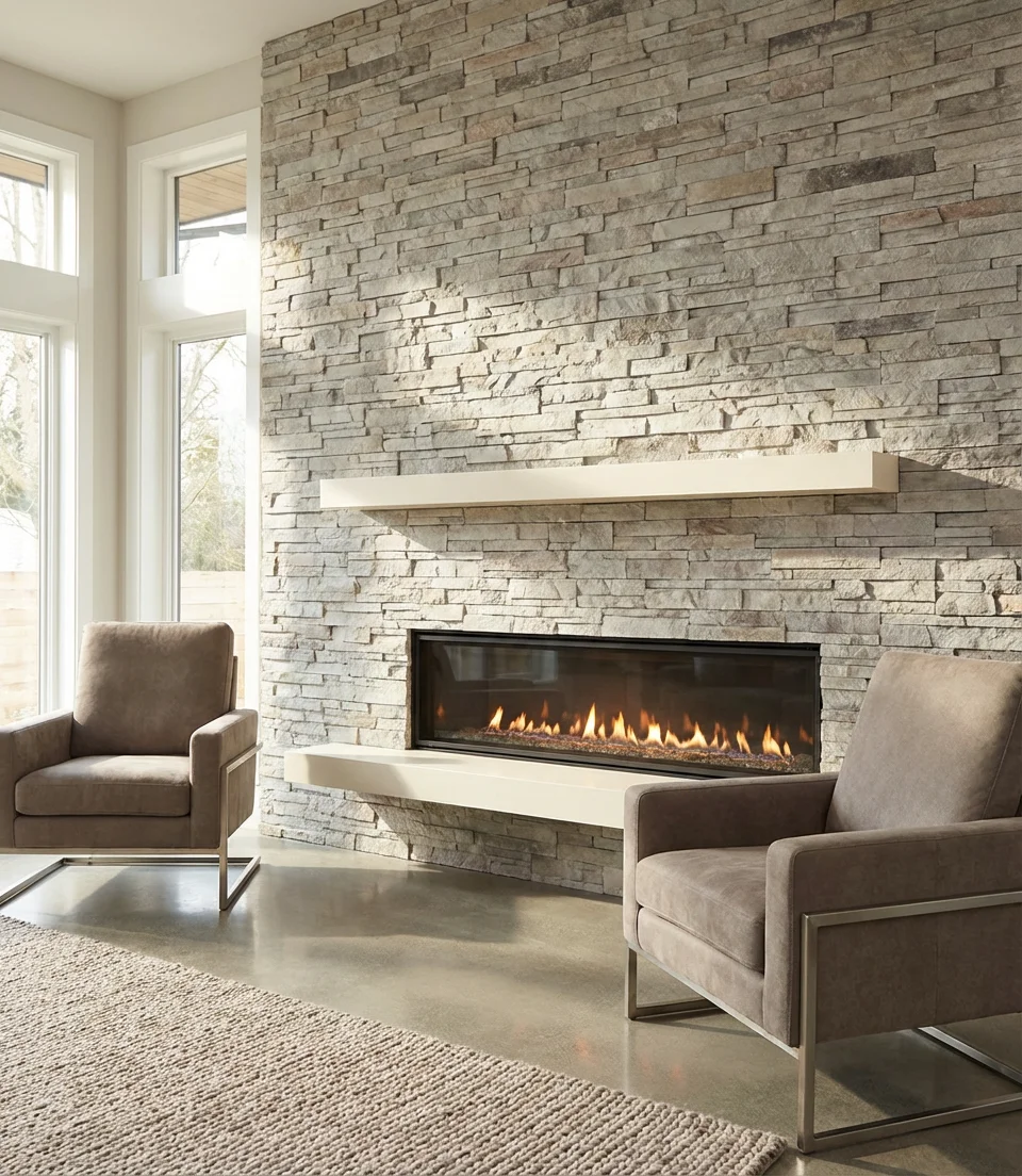 Stacked Stone Behind a Linear Electric Fireplace 2