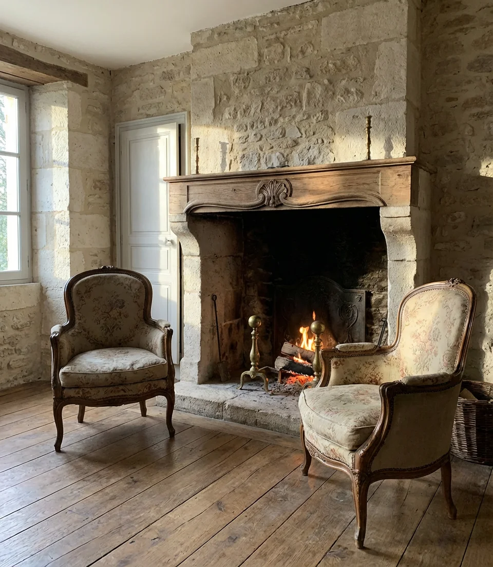 Stone Fireplace Surrounded by Antique Seating 1