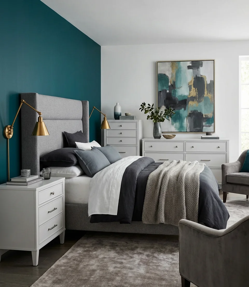 Teal and Gray Jewel-Tone Bedroom 1