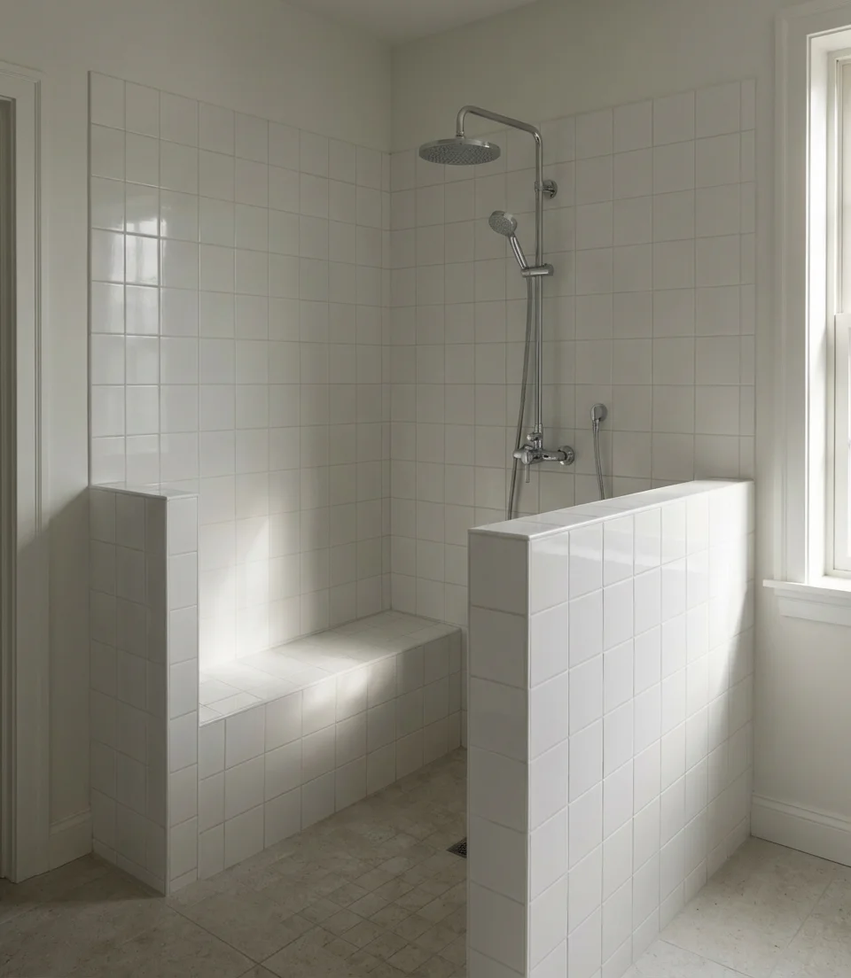 Tiled Half Wall with Built-In Bench 1