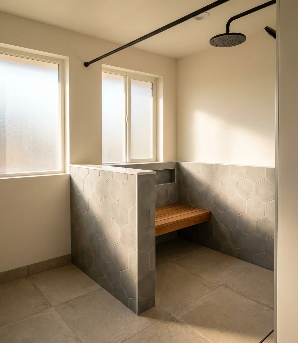 Tiled Half Wall with Built-In Bench 2