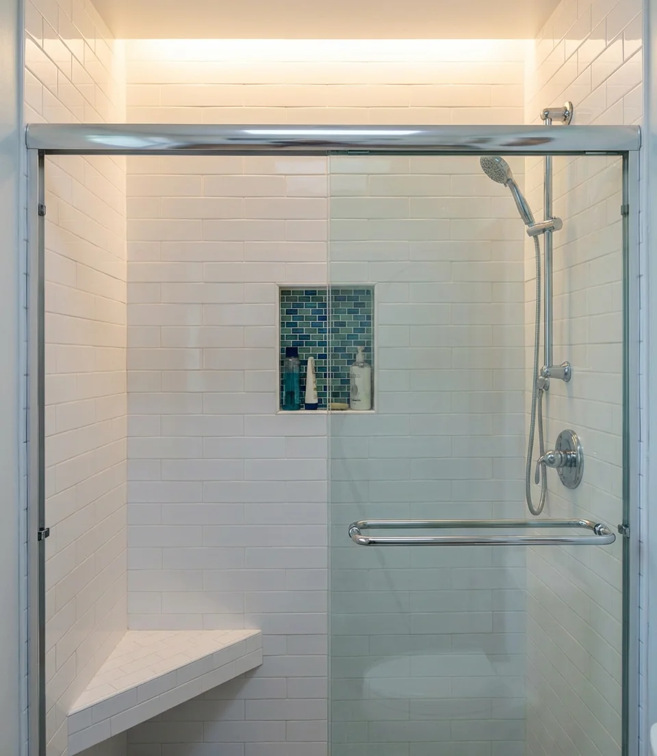Tiny Shower with Corner Shelf and Mosaic Niche 1