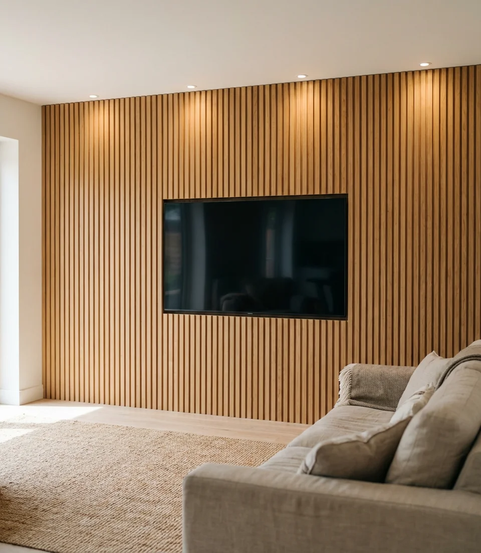 Vertical Wood Paneling with Integrated TV Mount 1