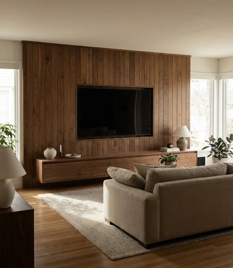 Vertical Wood Paneling with Integrated TV Mount 2