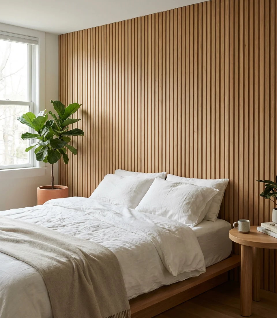 Vertical Wood Slat Wall in Natural Oak 1