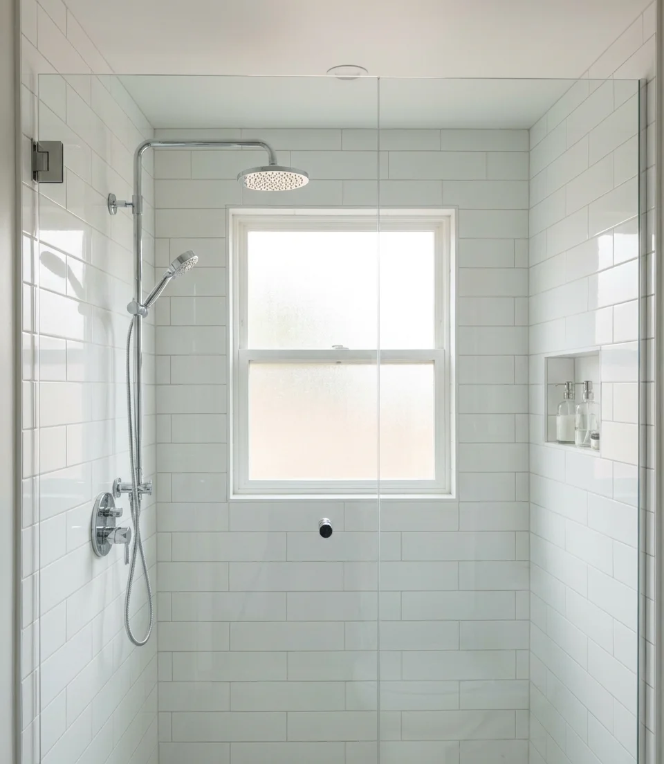 Walk-In Shower with Frameless Glass and Subway Tile 1