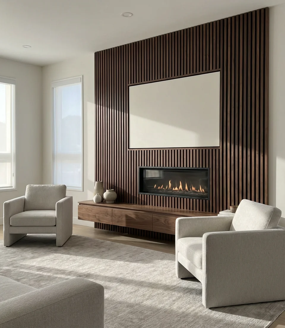 Walnut Slat Wall Behind a Mounted TV and Fireplace 2