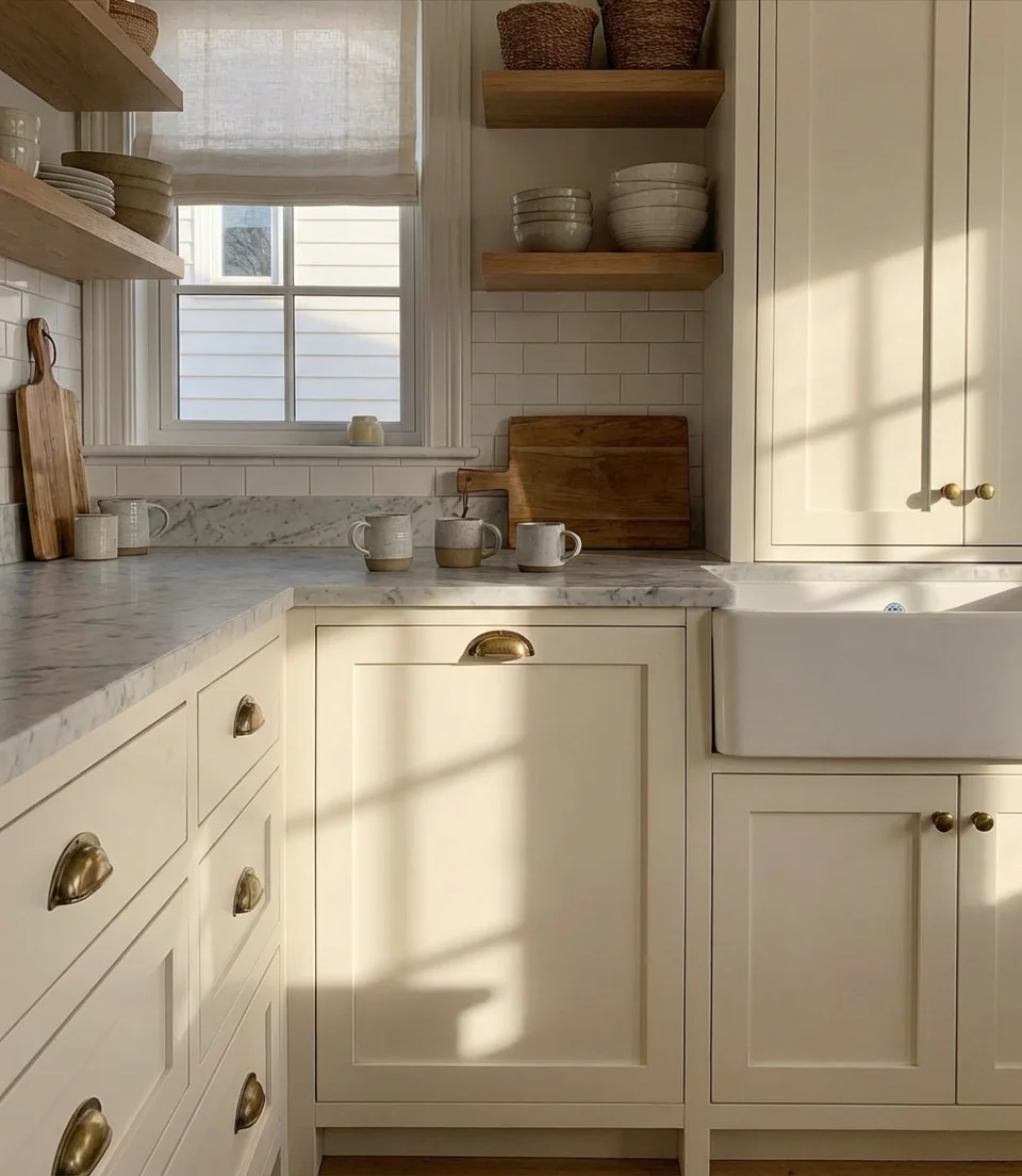 Warm White Cabinets With Brass Hardware 1