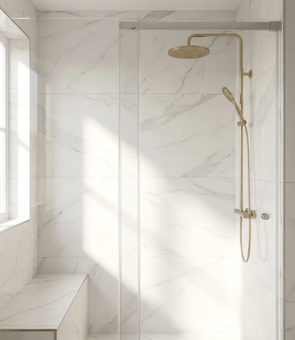 White Marble-Look Tile with Gold Accents 1