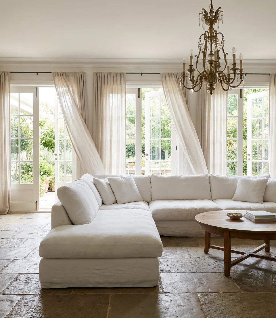 White Slipcovered Sofas with French Doors 2