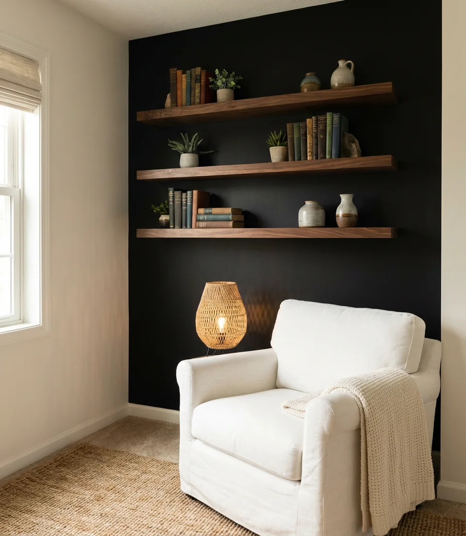 Wood Shelves Floating on Black 1